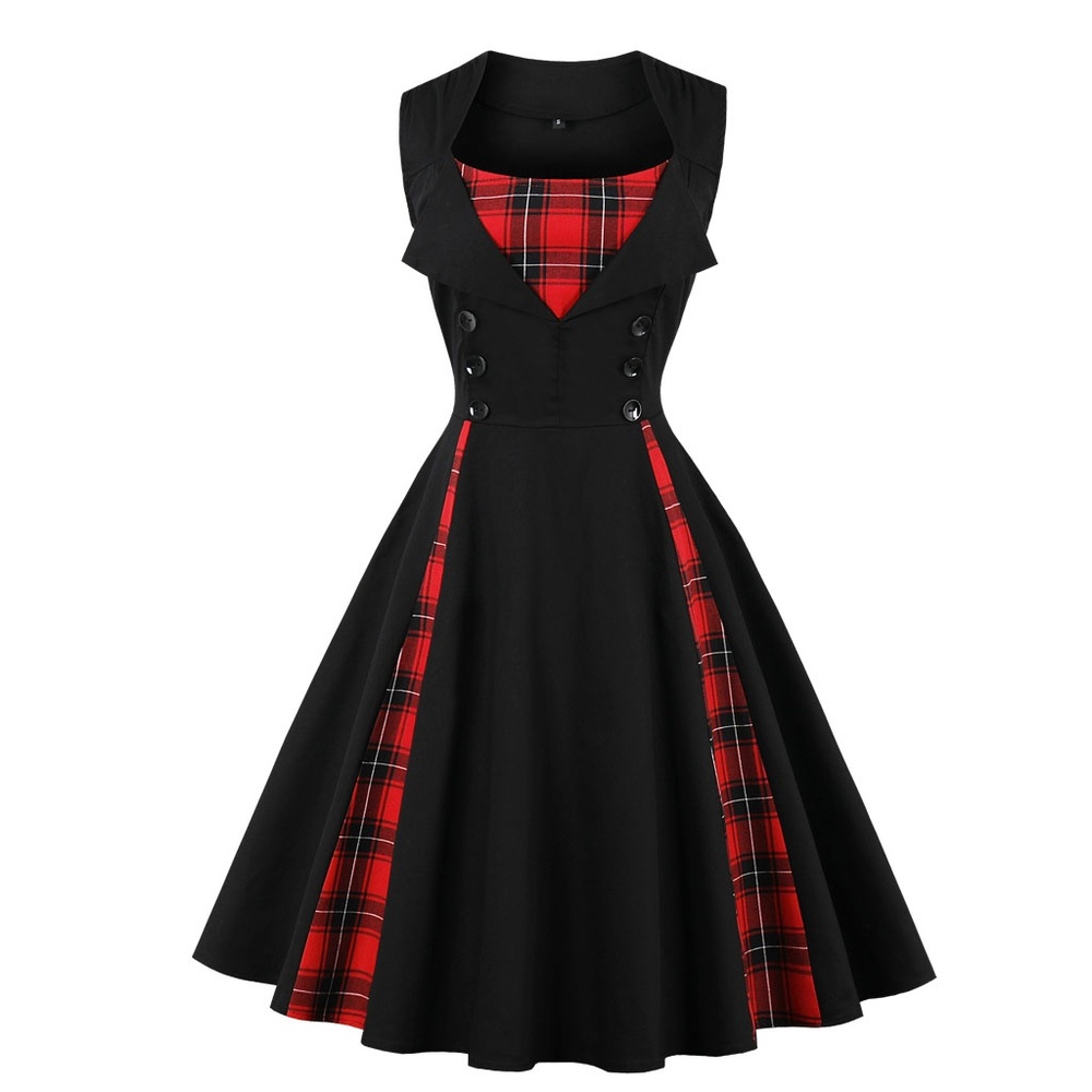 Retro Buttons and Plaid Sleeveless Dress
